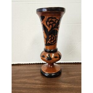 Wooden Vase Hand Carved - Floral Design Flower And Leaves Two Tone‎ 11" Tall